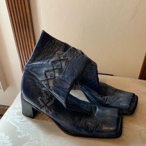 Vintage Blue Leather Lace-Detail Women's Ankle Boots from Spain